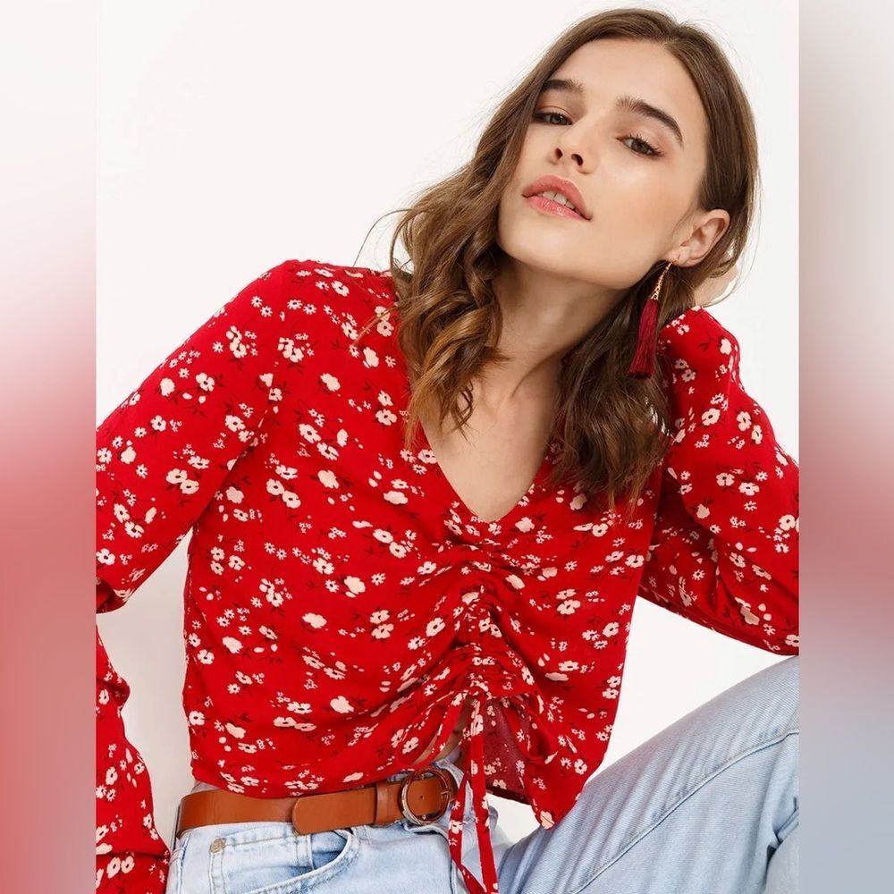 Anthropologie Ember Red Floral Ruched Drawstring V-Neck Blouse SEE ALL PHOTOS